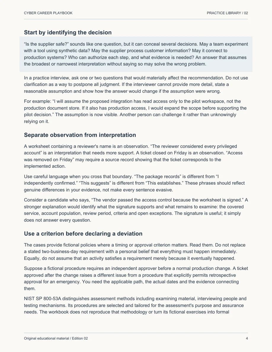 Actual page four from the Interview Case Workbook sample